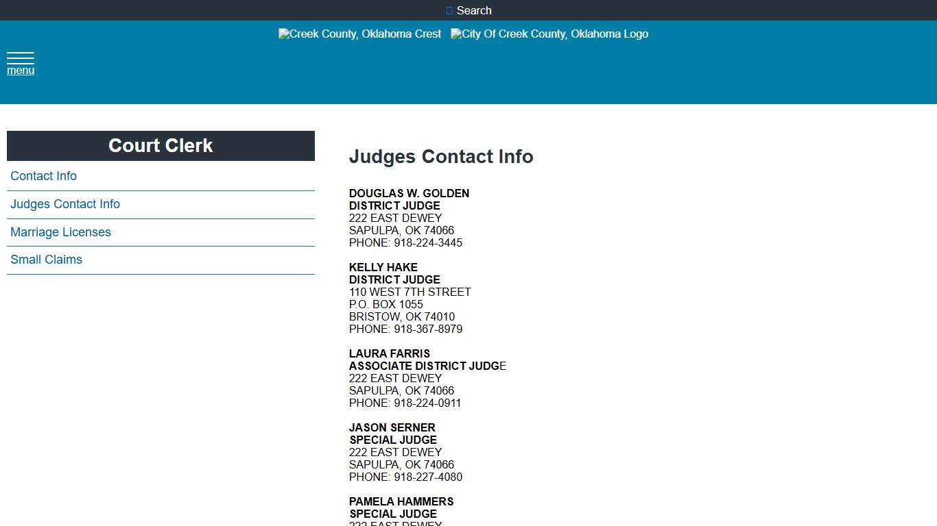 Judges Contact Info - Creek County Oklahoma
